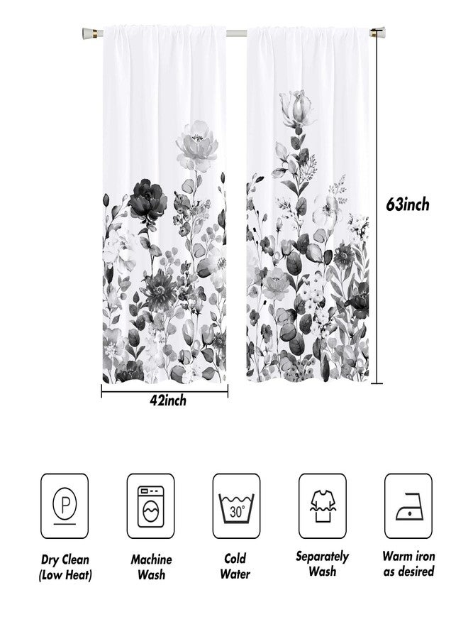 Kikiry Black Grey Floral Curtains 42" W x 63" L Floral Gray White Watercolor Wild Flowers Vintage Plant Herbs Botanical Nature Living Room Bedroom Window Drapes Treatment Fabric 1 Pair - Image 5